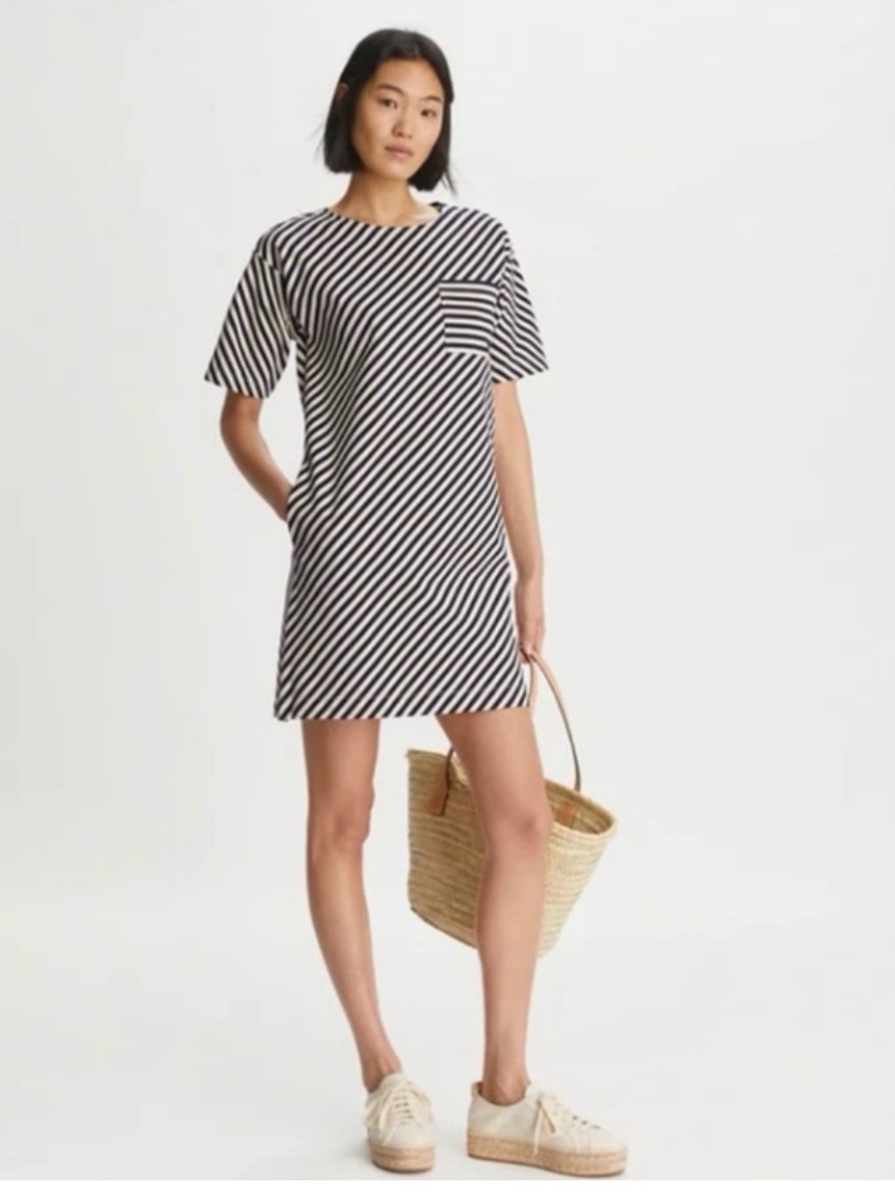 Tory Burch Brown and Light Blue Striped Mini Dress